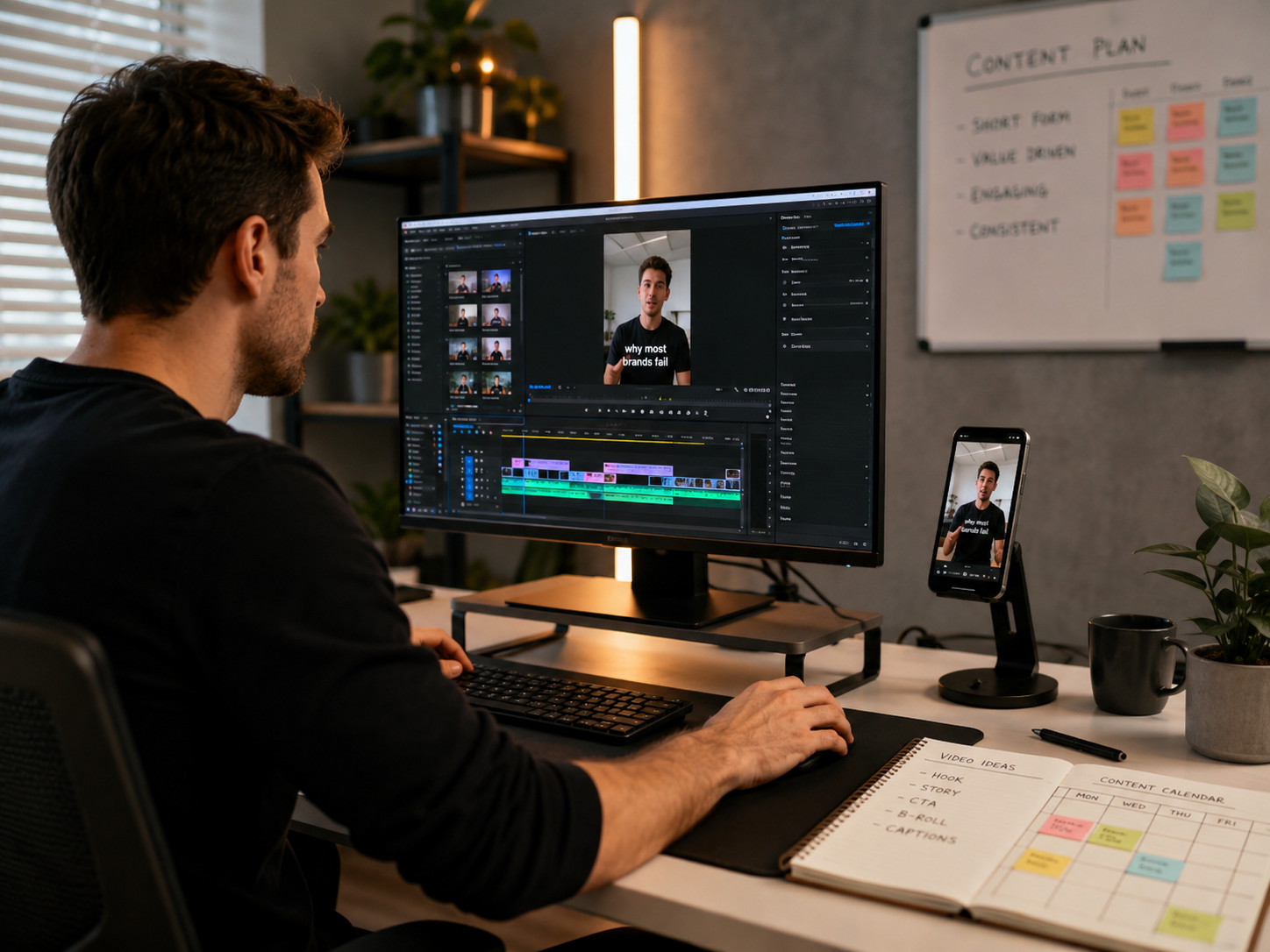 Content creator editing short-form video content in a modern workspace