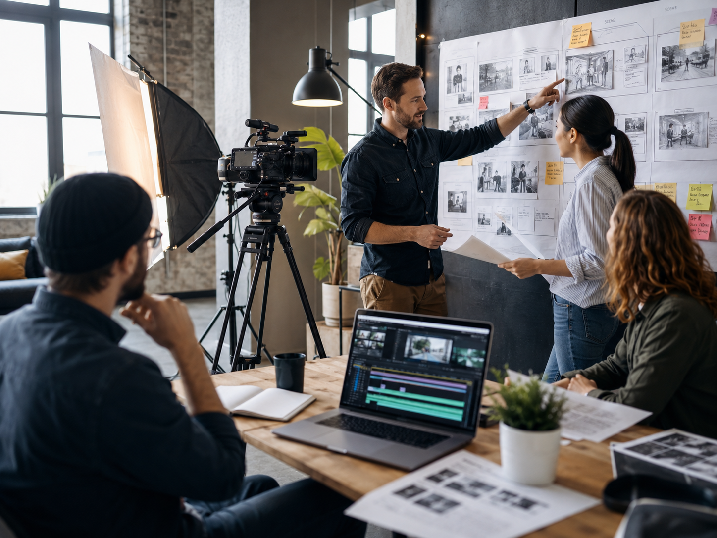 Creative video marketing team collaborating in a modern studio