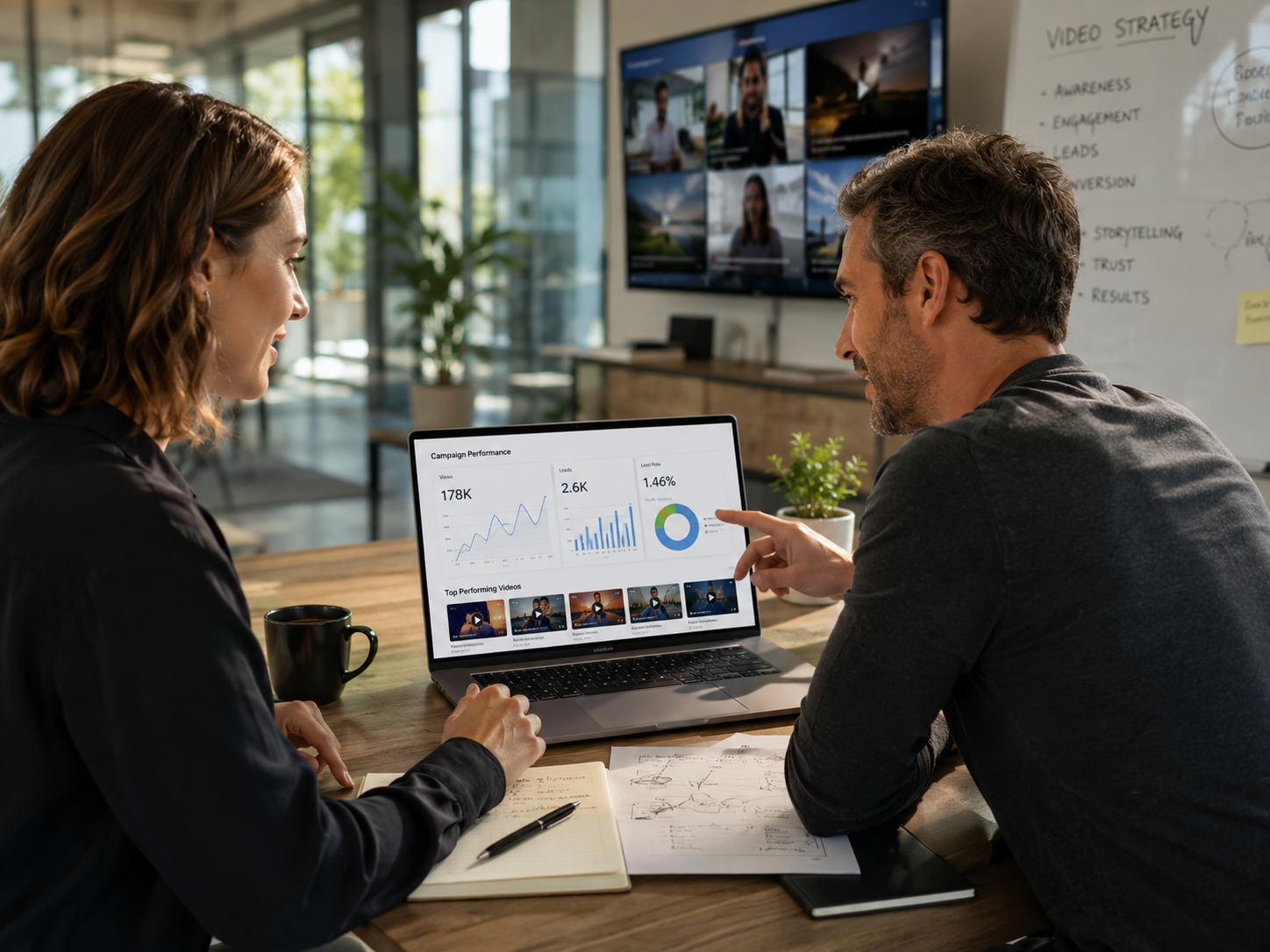Video strategy meeting with analytics dashboard and campaign performance review